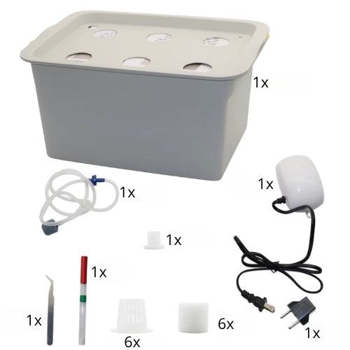 HydroBox 6 – Système Hydroponique Gris à 6 Trous avec Pompe à Air, Culture Intérieure Facile