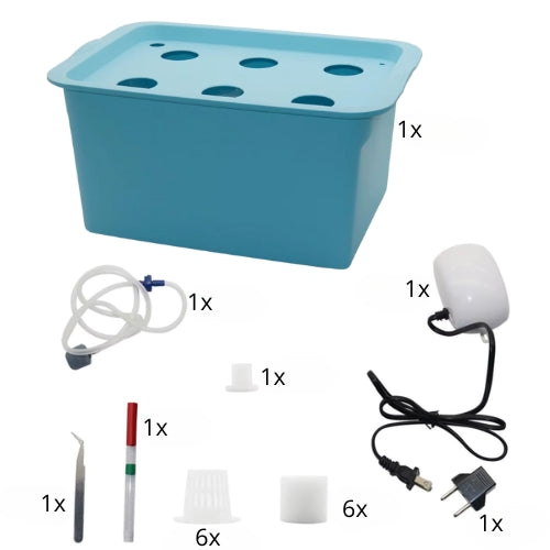 HydroBox 6 – Système Hydroponique Bleu à 6 Trous avec Pompe à Air, Idéal pour la Culture Intérieure