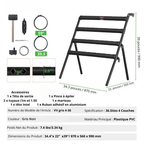 Système Hydroponique 108 Sites - 3 Couches en PVC Gris avec Minuterie et Accessoires