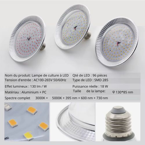 Lampe de croissance E27 18W LED à spectre complet Phytolamp