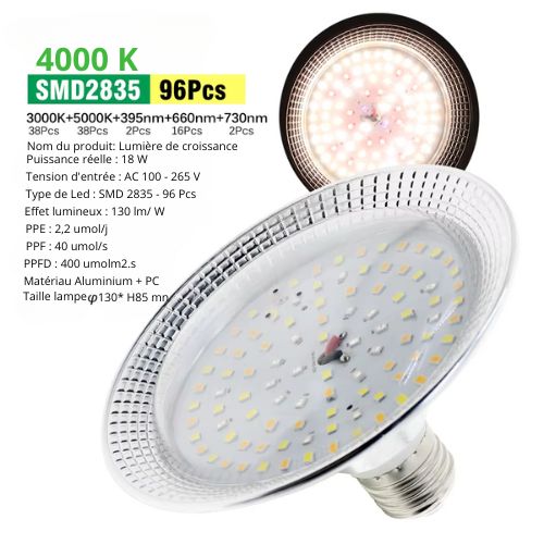 Lampe de croissance E27 18W LED à spectre complet Phytolamp