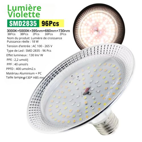 Lampe de croissance E27 18W LED à spectre complet Phytolamp