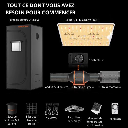 Kit Hydroponique Spider Farmer SF1000D LED + Tente 60x60x140CM avec Filtre à Charbon