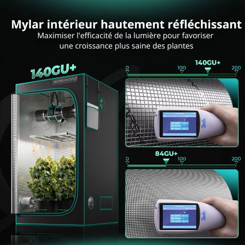 Tente de culture Marshydro 150x 150 x 200 cm, 1680D, serre hydroponique LED