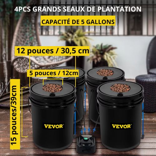 Système Hydroponique VEVOR DWC 5 Gallons avec 4 Seaux Multiples