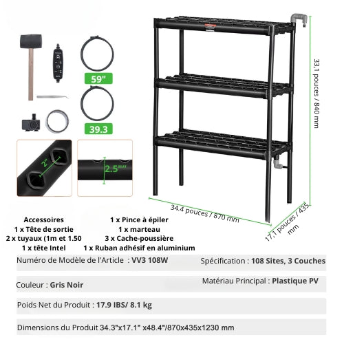 Système Hydroponique 108 Sites - 3 Couches en PVC Gris avec Minuterie et Accessoires