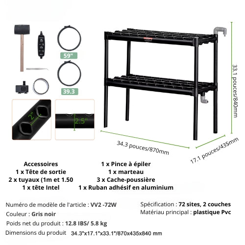 Système Hydroponique 108 Sites - 3 Couches en PVC Gris avec Minuterie et Accessoires