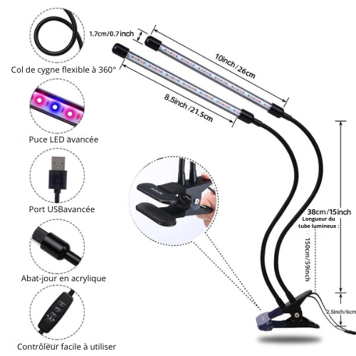 Lampe de Croissance LED à Double tête USB – Pour Plantes, Semis et Systèmes Hydroponiques