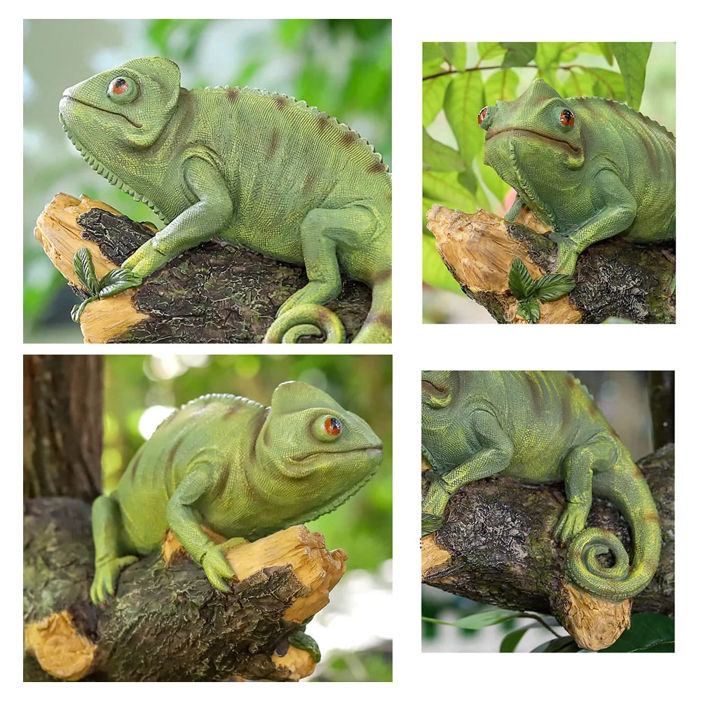 Figurine de caméléon en résine sur l'arbre